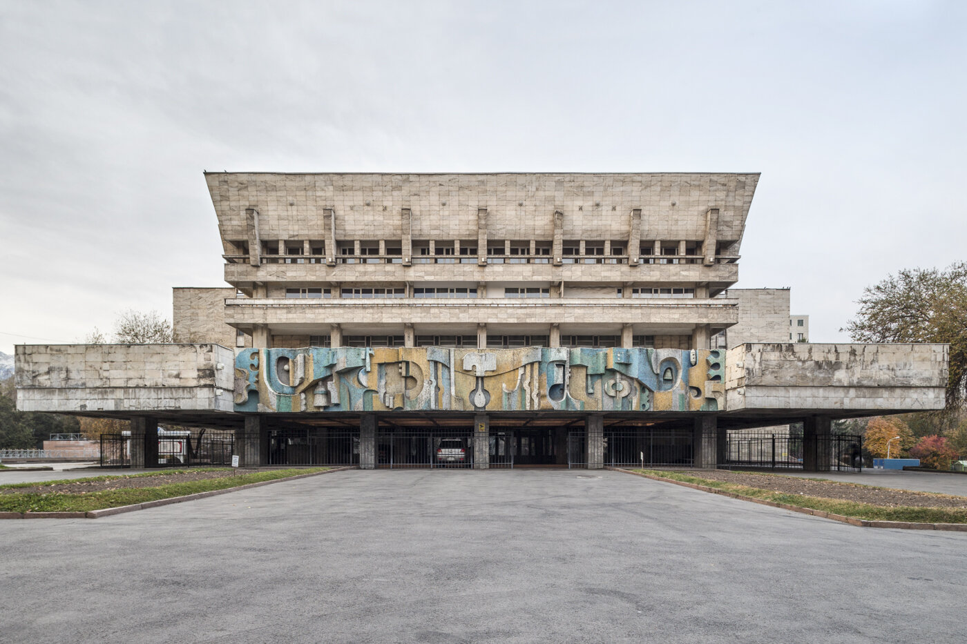State Academic Russian Theatre for children and young people (former Palace of Culture AHBK), by A. Petrova, Z. Mustafina, G. Dzhakipova, G. Stulov, G. Nikitin and artists Y. Funkorenko, V. Tverdokhlebov (1981). Almaty, Kazakhstan. Photo: Roberto Co…