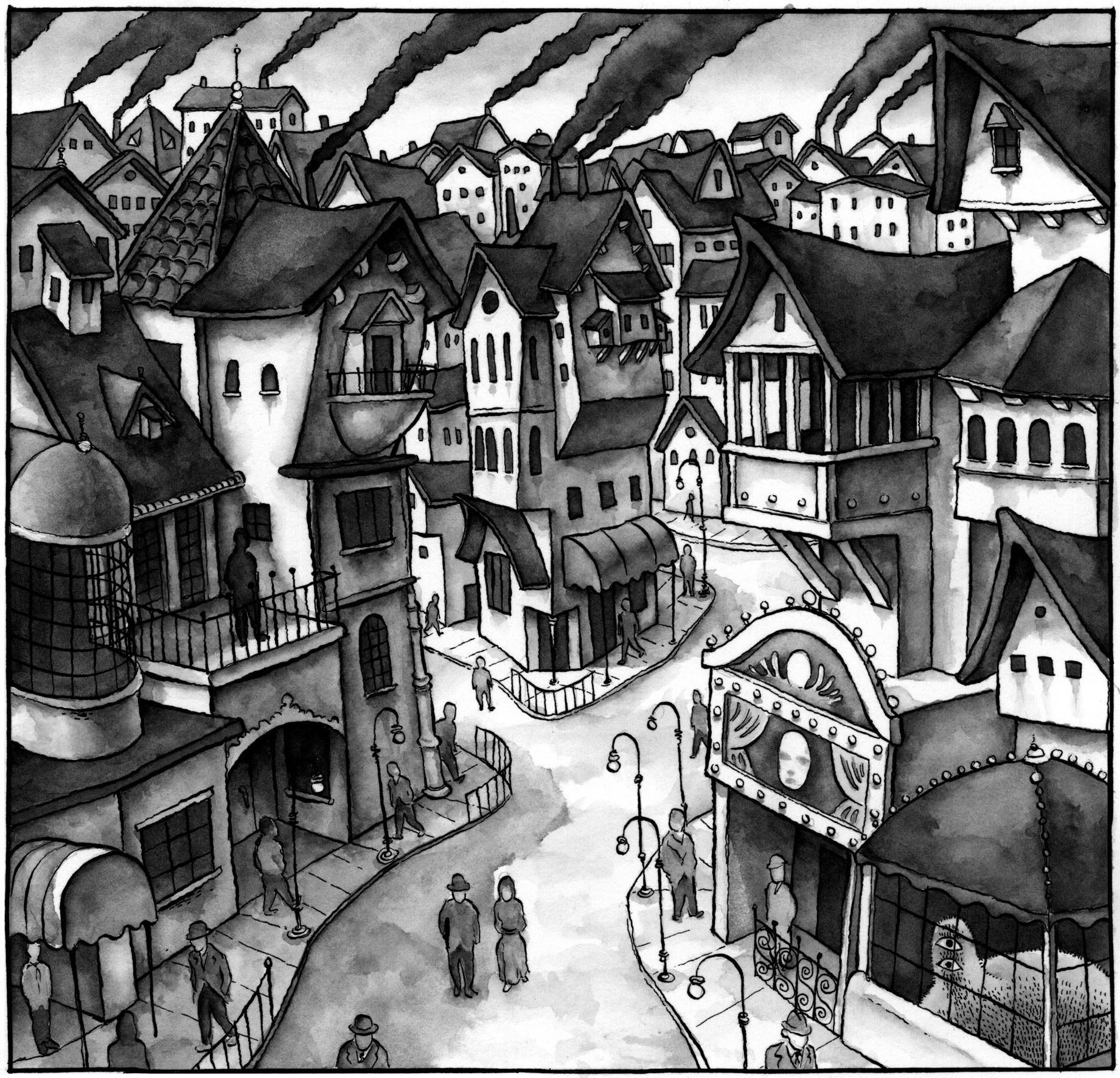 Panel from Monster Parade. Quill pen and watercolor on watercolor paper.