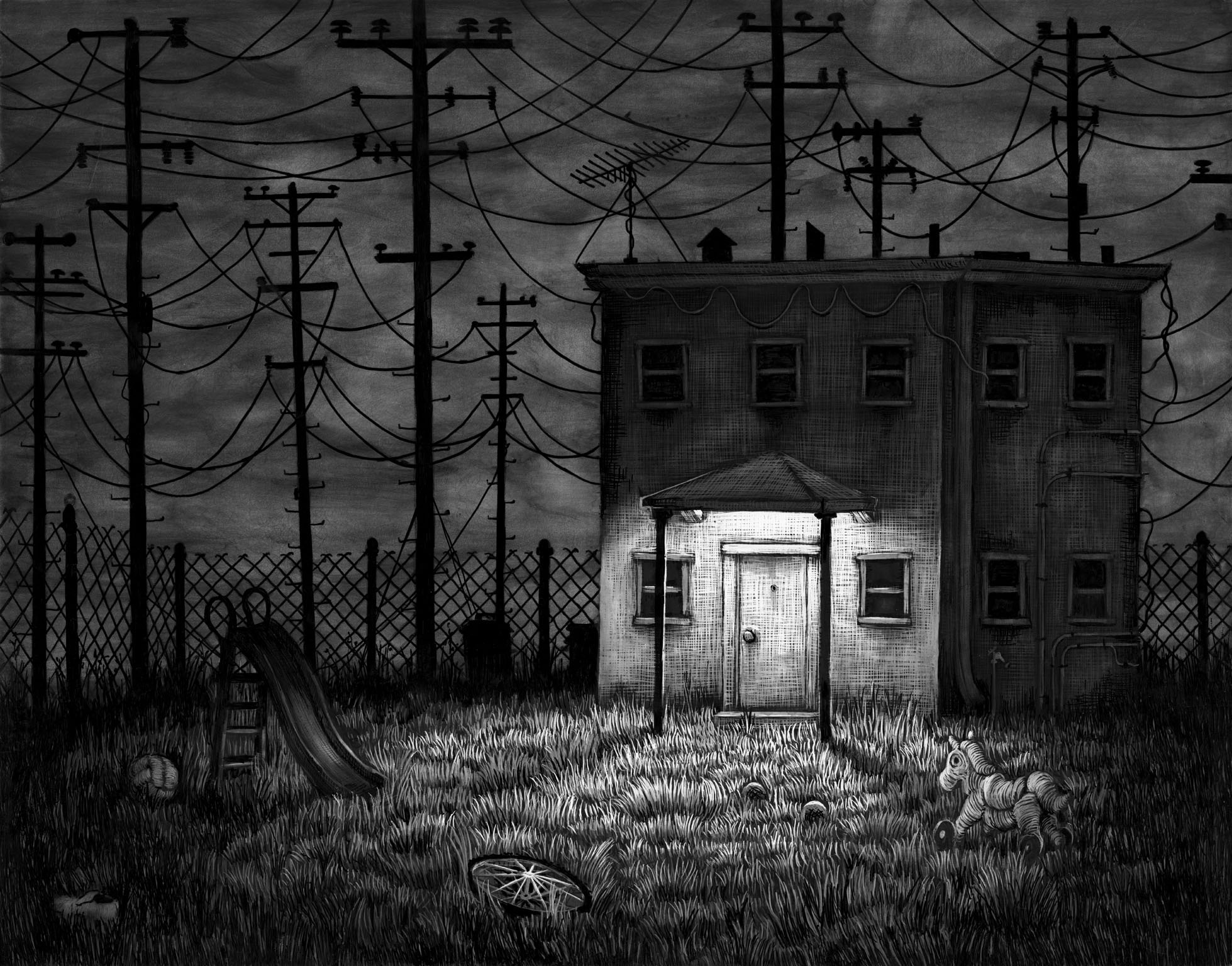 Illustration from Ghosts and Ruins. Uniball ink on Claybord.