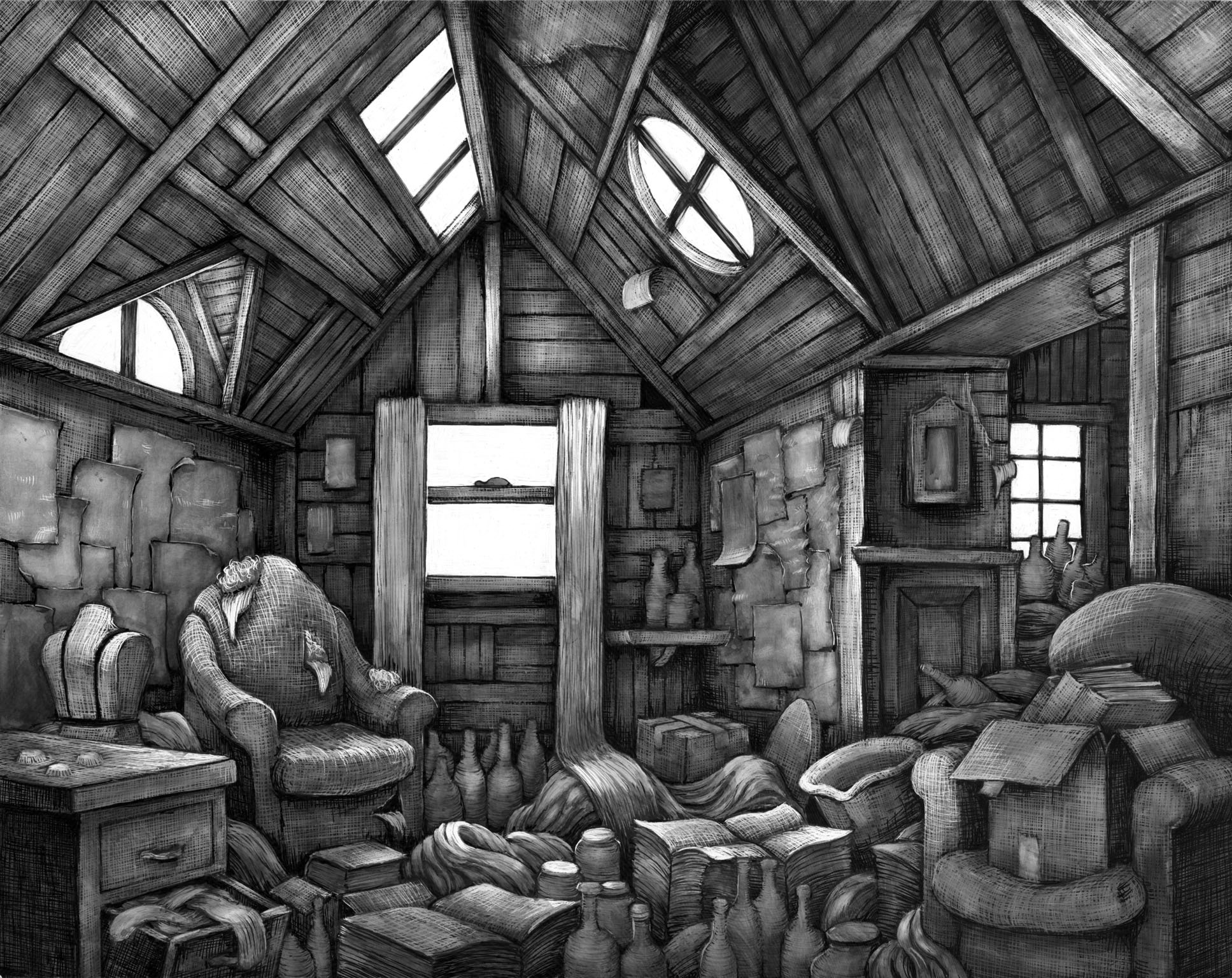 Illustration from Ghosts and Ruins. Uniball ink on Claybord.