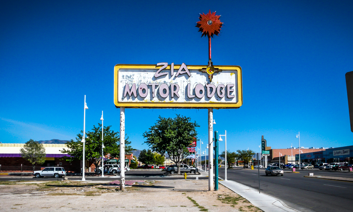 The Zia Motor Lodge in Albuquerque was demolished several years ago, but the sign survived. Look closely behind the letters and you will see that a different sign in the same frame once belonged to a Del Webb’s Hiway House Motel.