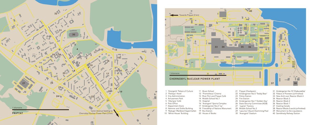 Maps of Pripyat (left) and Chernobyl Nuclear Power Plant, which lie approximately 3km apart.