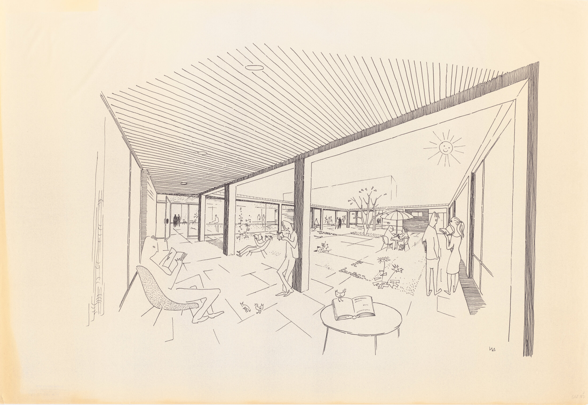 Werner Düttmann, view of the Hansabücherei’s inner courtyard, 1957, Lichtpause auf Papier, Architekturmuseum der TU Berlin, Inv. Nr. HH 0502,043 © Katharina Merz, Hans Düttmann